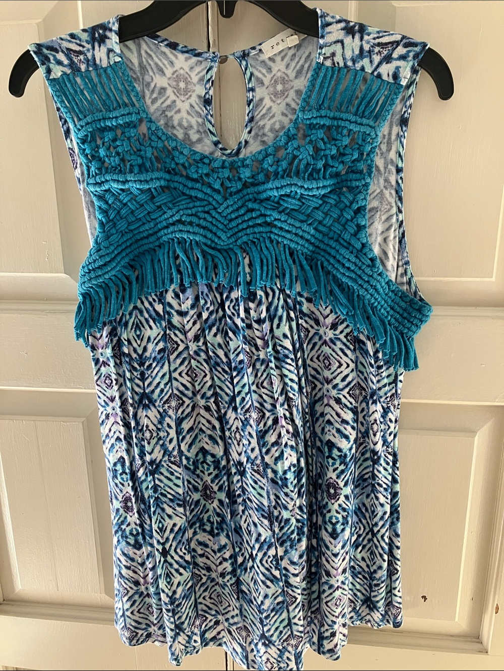 Women's Teal Fringe Sleeveless Tank Top with Blue Ikat Print